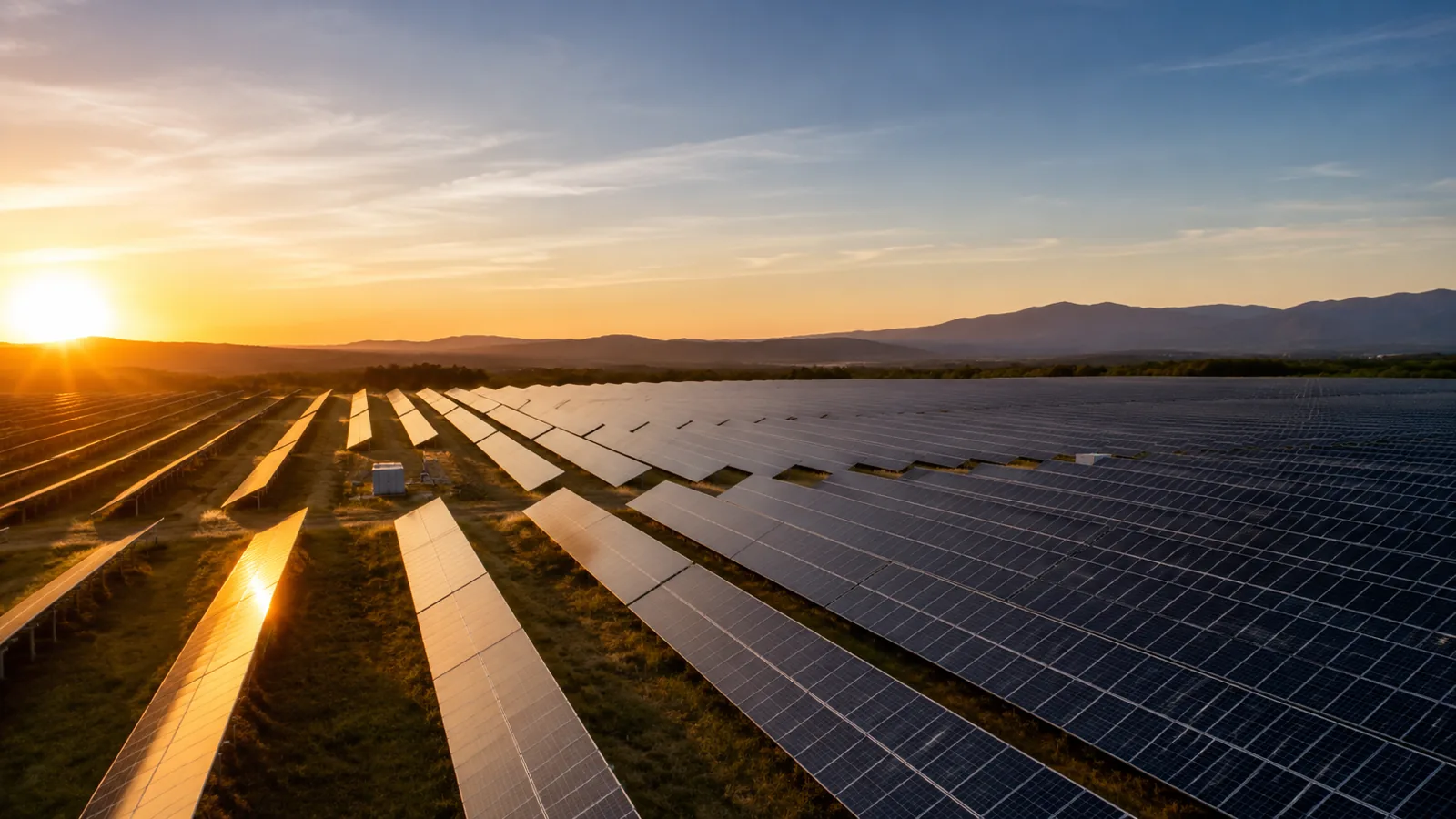 Large solar farm at sunrise