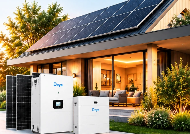 Modern home with rooftop solar panels and Deye inverter and battery equipment