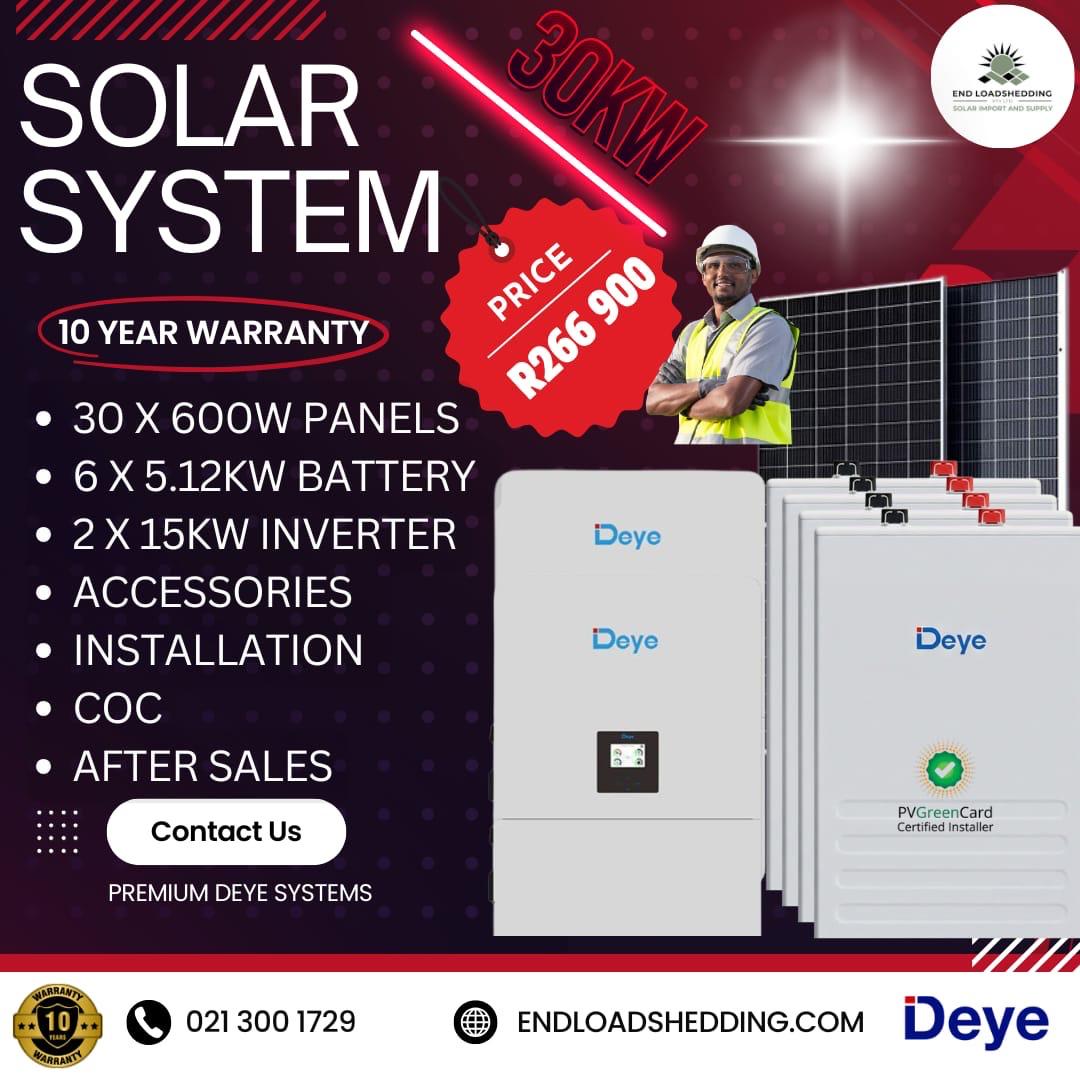 Deye 30kW Solar Kit Installed with 30 x 600W JA Solar panels and 6 x 5.12kWh Deye batteries - Image 2