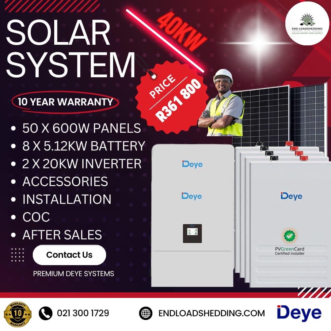 Deye 40kW Solar Kit Installed with 50 x 600W JA Solar panels and 8 x 5.12kWh Deye batteries - Image 2